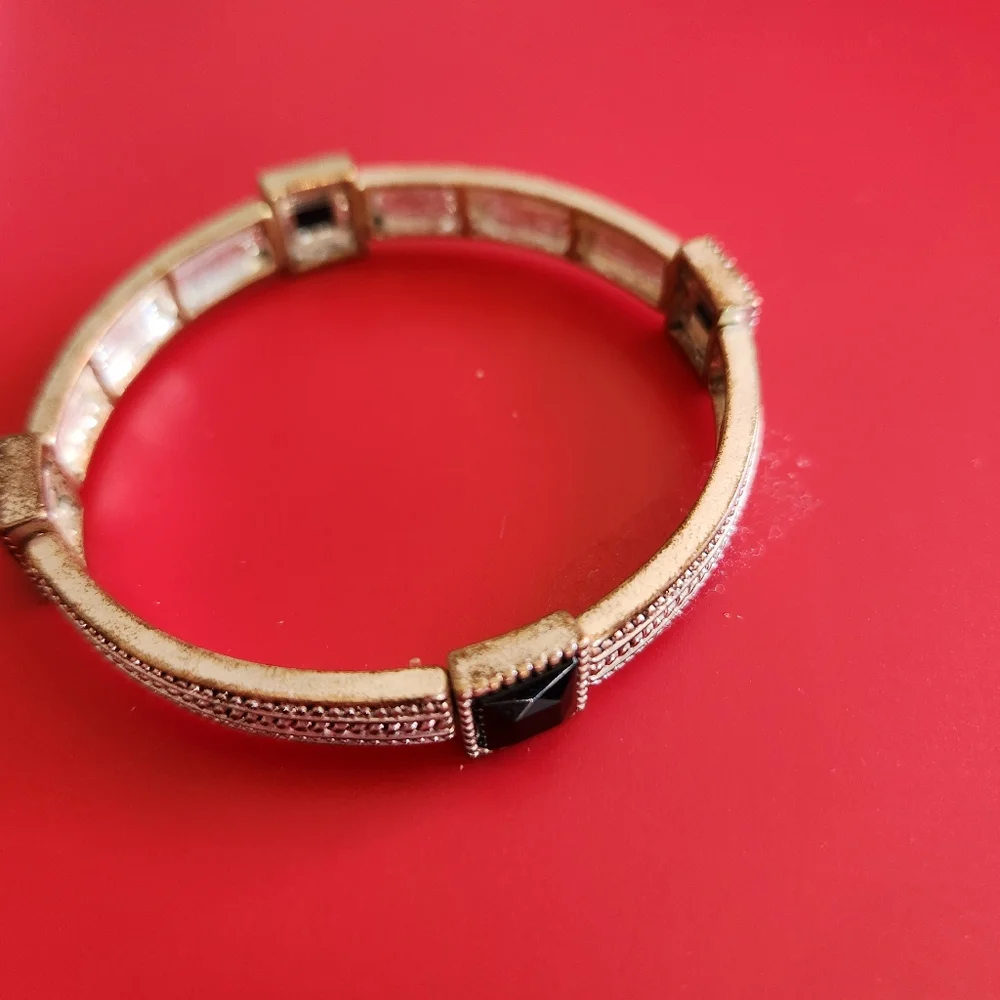 Designer Vintage Textured Silver Stretch Bracelet w/ Black Square Beads